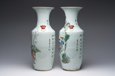 A pair of Chinese famille rose vases with a vistit to the palace, 19th/20th C.