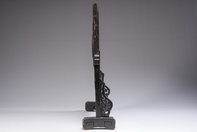 A reticulated Chinese wooden table screen with a Japanese cloisonn&eacute; dish, 19th C.