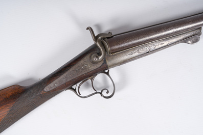 A French double-barreled pinfire hunting rifle with damask barrels and engraved breechblocks, marked, second half 19th C.