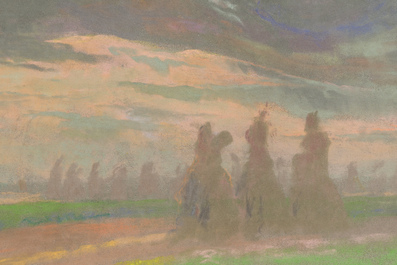 Rodolphe De Saegher (1871-1941): Landscape with haystacks, pastel on paper, dated 1927
