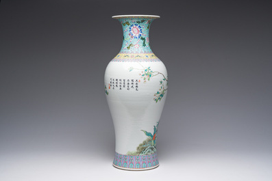 A Chinese famille rose baluster vase with birds among blossoming branches, Qianlong mark, Republic, 20th C.