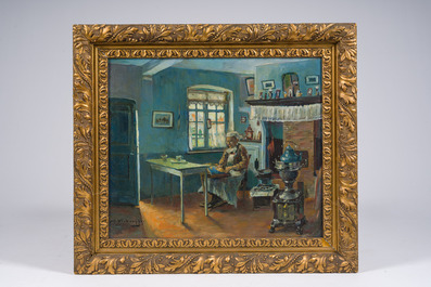 Charles Verbrugghe (1877-1974): Interieur met dame, olie op board