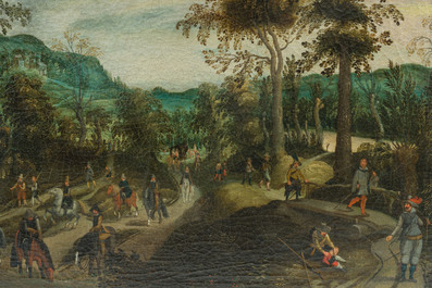 Sebastiaen Vrancx (1573&ndash;1647): Paysage vallonn&eacute; et bois&eacute; o&ugrave; des soldats voyagent et se reposent sur la route, huile sur toile, vers 1608-1609