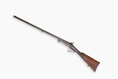 A French double-barreled pinfire hunting rifle with damask barrels and engraved breechblocks, marked, second half 19th C.