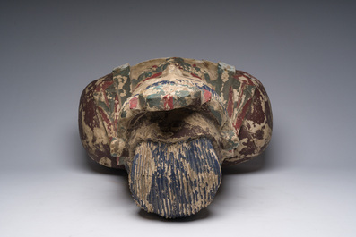A large Chinese polychromed wooden bust of Buddha, 20th C.