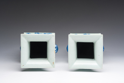 A pair of Chinese square blue and white celadon ground 'Eight Immortals' vases, 19th C.