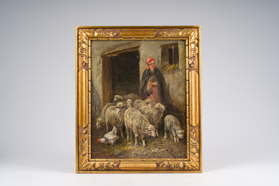 Henry Schouten (1860-1927): Boerin met haar kudde schapen op het erf, olie op paneel