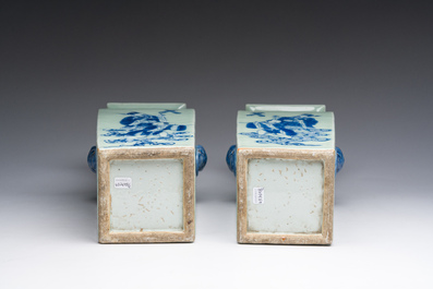 A pair of Chinese square blue and white celadon ground 'Eight Immortals' vases, 19th C.