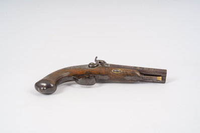 A Spanish silver-inlaid two-barrelled percussion pistol with walnut gunstock, marked ''Fabricado por Blas Trevi&ntilde;o en Eibar', dated 1858