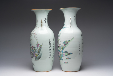 Twee Chinese famille rose vazen met dames in een paleistuin, 19de/20ste eeuw