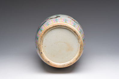 A Chinese famille rose vase with roosters among blossoming branches, 19th C.