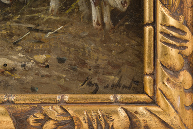 Henry Schouten (1860-1927): Boerin met haar kudde schapen op het erf, olie op paneel