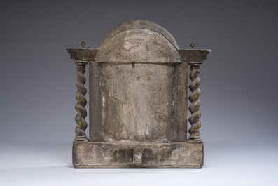 A patinated and faux marble wooden niche with Solomonic columns, 18th/19th C.