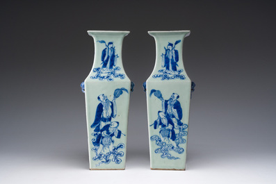 A pair of Chinese square blue and white celadon ground 'Eight Immortals' vases, 19th C.
