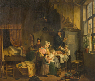 Joseph Geirnaert (1790-1859): Deux int&eacute;rieurs et un discours public, huile sur toile, dat&eacute;s 1830/1831, avec quatre lithographies ajout&eacute;es