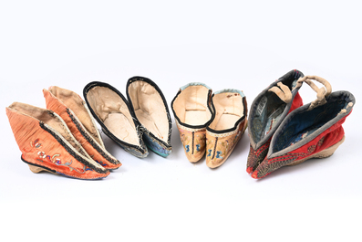29 pairs of Chinese silk and cotton lotus shoes for bound feet, Qing and early 20th C.