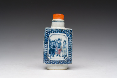 A Chinese blue, white and copper-red snuff bottle with figurative design, 19th C.