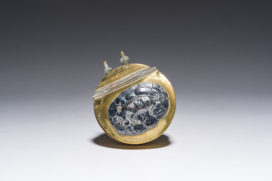 A Flemish silver 'Golgotha' ex-voto, a brass and silver 'Lamb of God' holy water font and a relic of Marg.-Marie Alacoque with filigree, 18th/19th C.