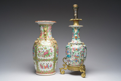Two Chinese Canton famille rose vases with palace scenes and floral design, one of which mounted as lamp, 19th C.