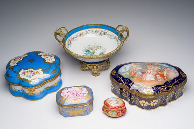 Four Sevres style porcelain boxes and a gilt bronze-mounted bowl, 20th C.
