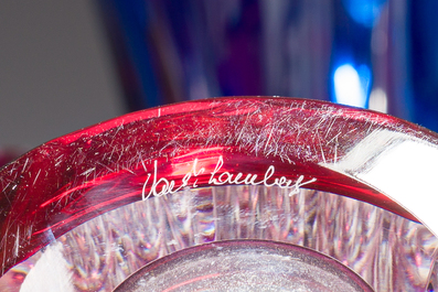 Nine partly coloured overlay cut crystal vases, Val Saint Lambert, Belgium, 20th C.