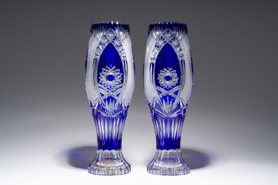 A pair of vases in partly blue coloured Bohemian crystal, 20th C.