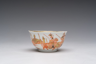A Chinese iron-red and gilt 'Sanguozhi yanyi' cup and saucer, Yongzheng