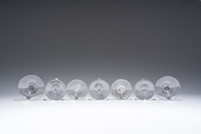 A varied collection of seven glasses, three of which with etched floral design, 18th/19th C.