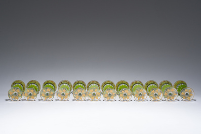 Twelve partly green-coloured overlay crystal cut white wine glasses with gilt grape design, model 'Pampre d'or', Val Saint Lambert, 20th C.