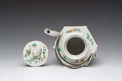 A Chinese hexagonal famille rose 'magpies and butterflies' teapot and cover, Tongzhi mark and of the period