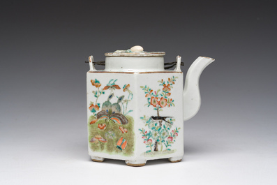 A Chinese hexagonal famille rose 'magpies and butterflies' teapot and cover, Tongzhi mark and of the period