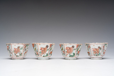 Six Chinese famille verte 'Kylin' saucers and four cups, Kangxi