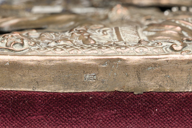 A Russian orthodox 'Virgin Mary Tricherousa (the three-handed)' icon with partly enamelled brass oklad or riza, 19th C.