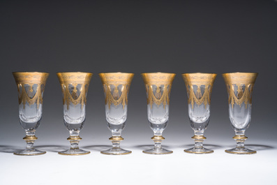 Six Italian crystal champagne glasses with partly gilt design, 20th C.