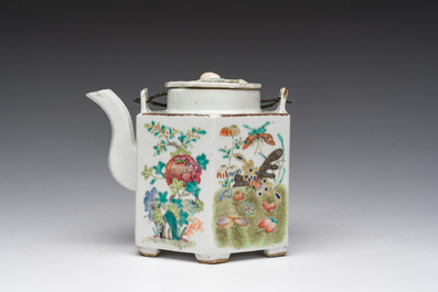 A Chinese hexagonal famille rose 'magpies and butterflies' teapot and cover, Tongzhi mark and of the period