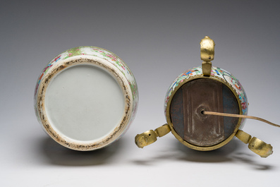 Two Chinese Canton famille rose vases with palace scenes and floral design, one of which mounted as lamp, 19th C.