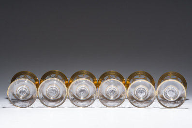 Six Italian crystal champagne glasses with partly gilt design, 20th C.