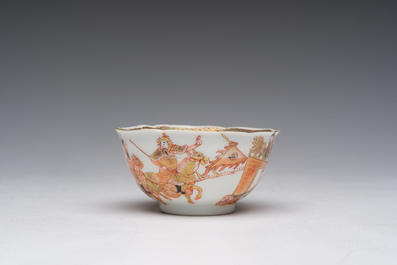 A Chinese iron-red and gilt 'Sanguozhi yanyi' cup and saucer, Yongzheng