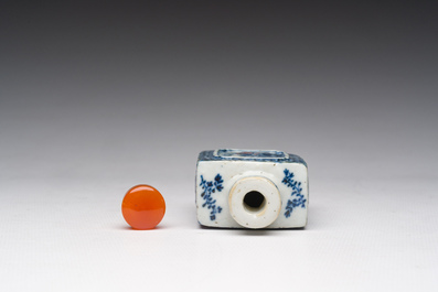 A Chinese blue, white and copper-red snuff bottle with figurative design, 19th C.