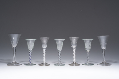A varied collection of seven glasses, three of which with etched floral design, 18th/19th C.
