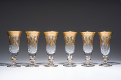 Six Italian crystal champagne glasses with partly gilt design, 20th C.