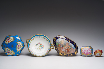 Four Sevres style porcelain boxes and a gilt bronze-mounted bowl, 20th C.