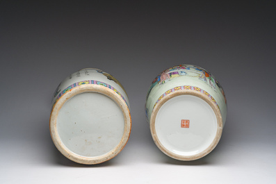 A Chinese famille rose 'antiquities' vase and a vase with figures in a garden, 19th/20th C.