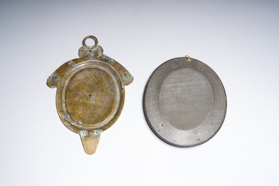 A Flemish silver 'Golgotha' ex-voto, a brass and silver 'Lamb of God' holy water font and a relic of Marg.-Marie Alacoque with filigree, 18th/19th C.