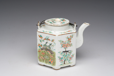 A Chinese hexagonal famille rose 'magpies and butterflies' teapot and cover, Tongzhi mark and of the period