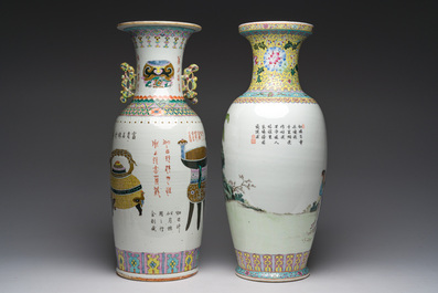 A Chinese famille rose 'antiquities' vase and a vase with figures in a garden, 19th/20th C.