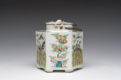A Chinese hexagonal famille rose 'magpies and butterflies' teapot and cover, Tongzhi mark and of the period