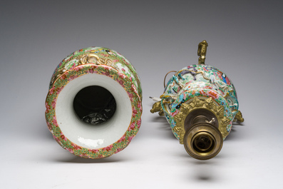 Two Chinese Canton famille rose vases with palace scenes and floral design, one of which mounted as lamp, 19th C.