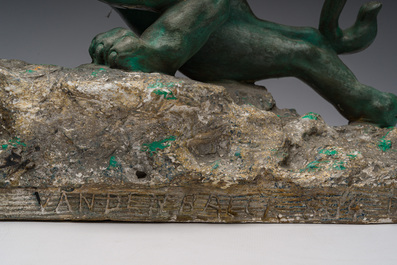 Belgian school, Van den Balck (19th/20th C.): A roaring lion on a rock struck by arrows, green and gray patinated plaster, Brussels