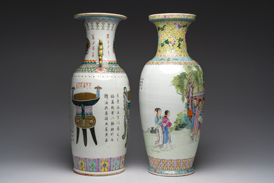 A Chinese famille rose 'antiquities' vase and a vase with figures in a garden, 19th/20th C.